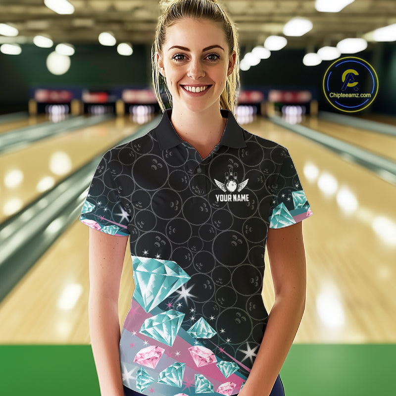 Funny Pink And Turquoise Diamonds Bowling Shirt For Women Custom Bowling Team Jersey TDM5860