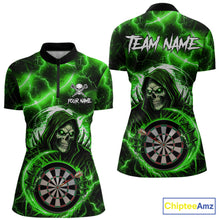 Load image into Gallery viewer, Green Grim Reaper Skull Thunder Lightning Darts Shirt For Women Custom Darts Jersey Polo &amp; 1/4 Zip TDM6469