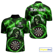 Load image into Gallery viewer, Green Grim Reaper Skull Thunder Lightning Darts Shirt For Men Custom Darts Jersey Polo &amp; 1/4 Zip TDM6469