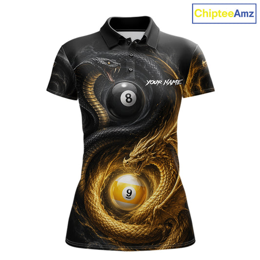 8 ball 9 ball cobra snake and dragon pool billiard polo shirt for women with custom team graphics.