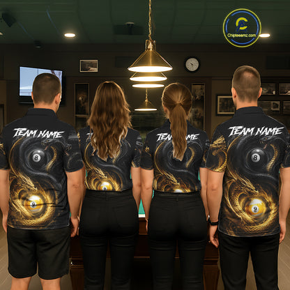 Back view of pool players wearing matching cobra snake and dragon pool shirts in a game room.