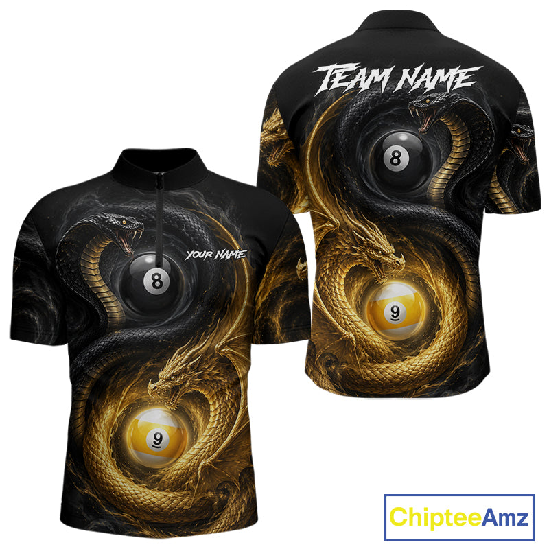 8 ball 9 ball cobra snake and dragon pool billiard quarter zip shirt for men built for tournaments and competitive league play.