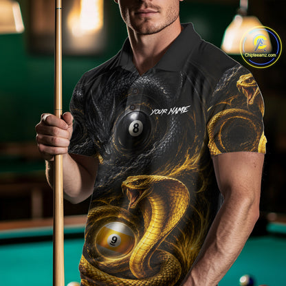 Man wearing an 8 ball 9 ball cobra snake and dragon billiard jersey beside a pool table front view.