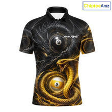 Load image into Gallery viewer, 8 ball 9 ball cobra snake and dragon billiard polo shirt for men with custom pool team graphics.