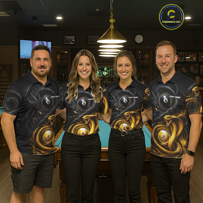 Pool team wearing matching 8 ball 9 ball cobra snake and dragon billiard jerseys during league matches front view.