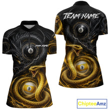 Load image into Gallery viewer, 8 ball 9 ball cobra snake and dragon billiard quarter zip shirt for women designed for tournaments and league play.