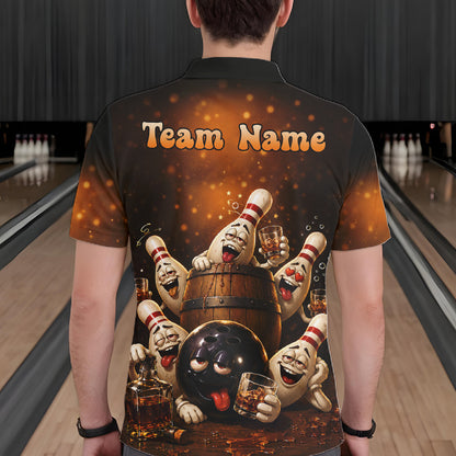 Man wearing funny drunk bowling pins bourbon vintage bowling team jersey polo shirt featuring bourbon bowling artwork, back view.