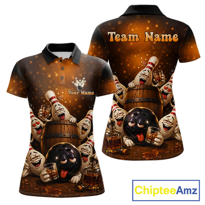 Funny drunk bowling pins bourbon vintage bowling team jersey polo shirt for women featuring hilarious bourbon bottles and drunk bowling pins artwork, premium custom bowling league apparel.