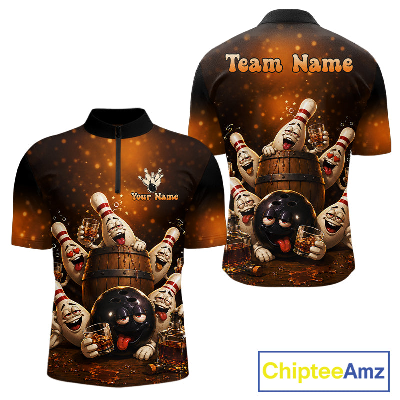 Funny drunk bowling pins bourbon vintage bowling team jersey quarter zip shirt for men featuring bourbon and drunk bowling pins artwork, premium custom bowling apparel.