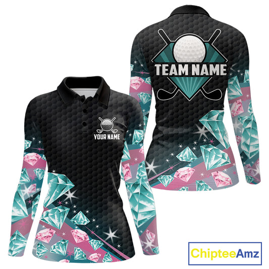Funny Pink And Turquoise Diamonds Women Golf Polo Shirts Custom Team Golf Shirt, Golfing Gifts TDM6471
