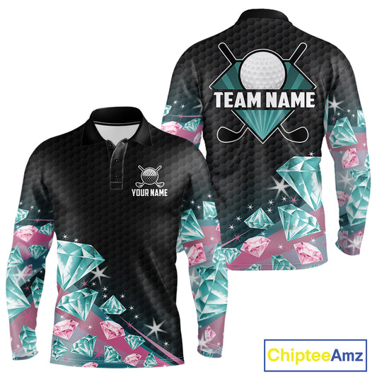 Funny Pink And Turquoise Diamonds Men Golf Polo Shirts Custom Team Golf Shirt, Golfing Gifts TDM6471