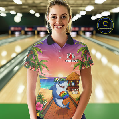 Funny Shark Sunset Tropical Bowling Shirts For Women Custom Bowling Polo & 1/4 Zip, Bowling Gifts TDM6472