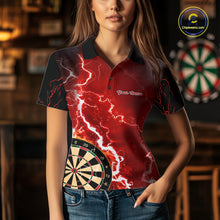 Load image into Gallery viewer, Woman wearing custom red lightning darts polo shirt front view.