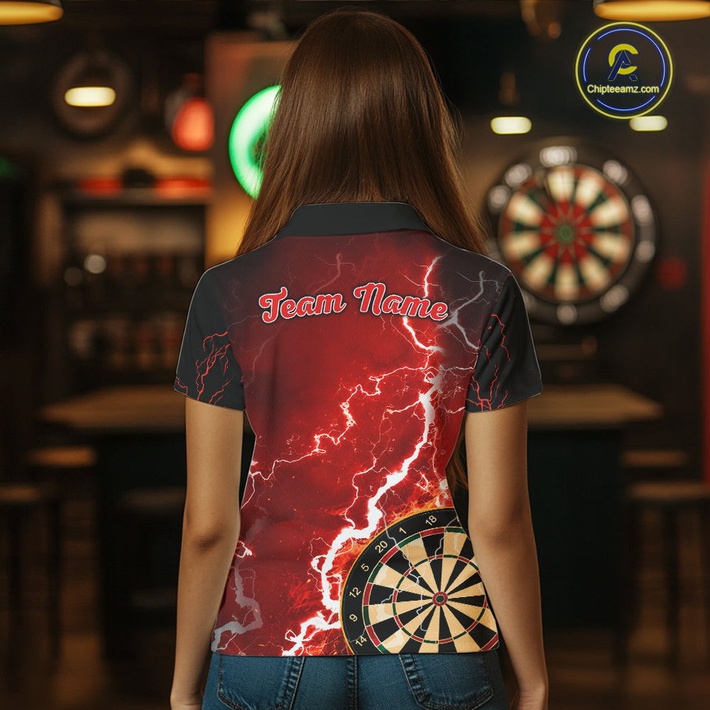 Woman wearing custom red lightning darts polo shirt back view.