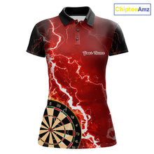 Load image into Gallery viewer, Custom red lightning darts team jersey polo shirt for women, personalized dart shirt with bold lightning graphics for darts league players.