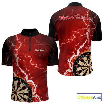 Custom red lightning darts team quarter zip shirt for men with bold lightning graphics and personalized darts jersey design.