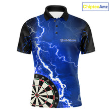 Load image into Gallery viewer, Custom blue lightning darts team jersey polo shirt for men, personalized dart shirt with electric lightning graphics for darts league players.