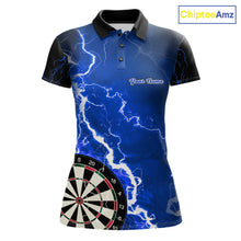 Load image into Gallery viewer, Custom blue lightning darts team jersey polo shirt for women, personalized dart shirt with electric lightning graphics for darts league players.