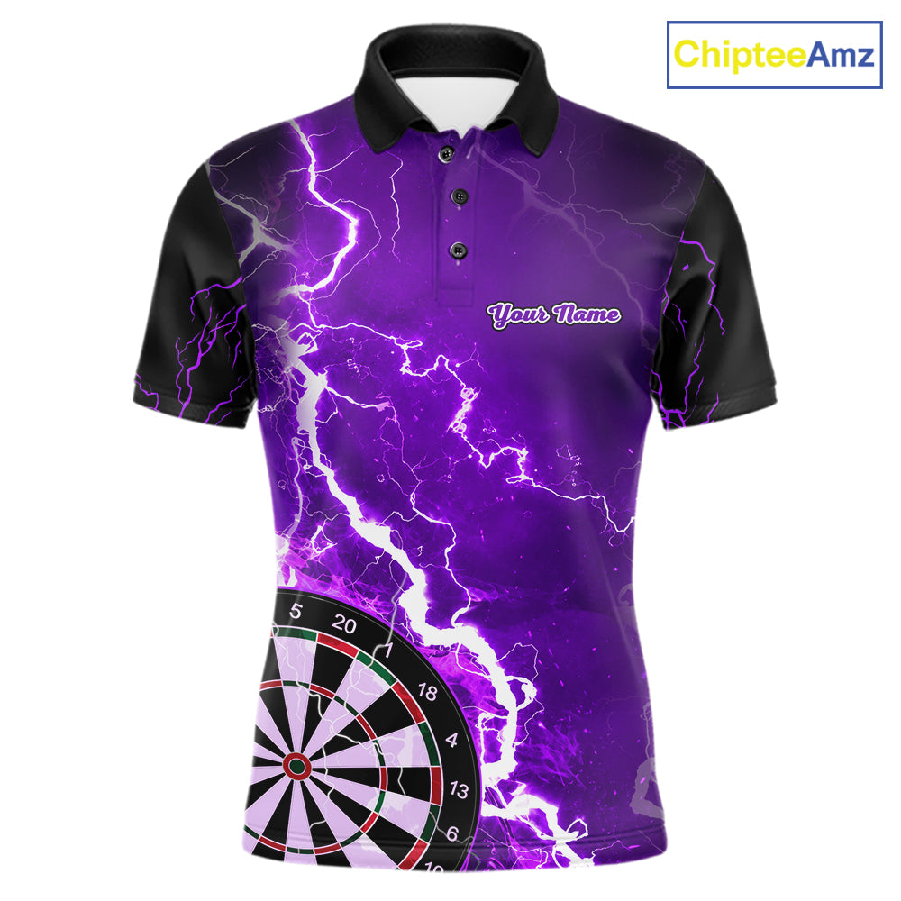 Custom purple lightning darts team jersey polo shirt for men, personalized dart shirt with bold lightning design for darts league players.