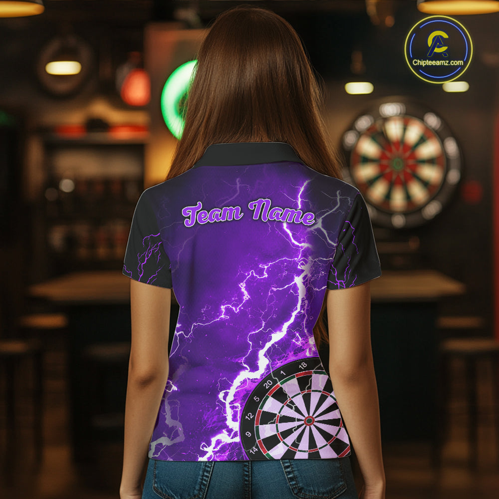 Woman wearing custom purple lightning darts polo shirt back view.
