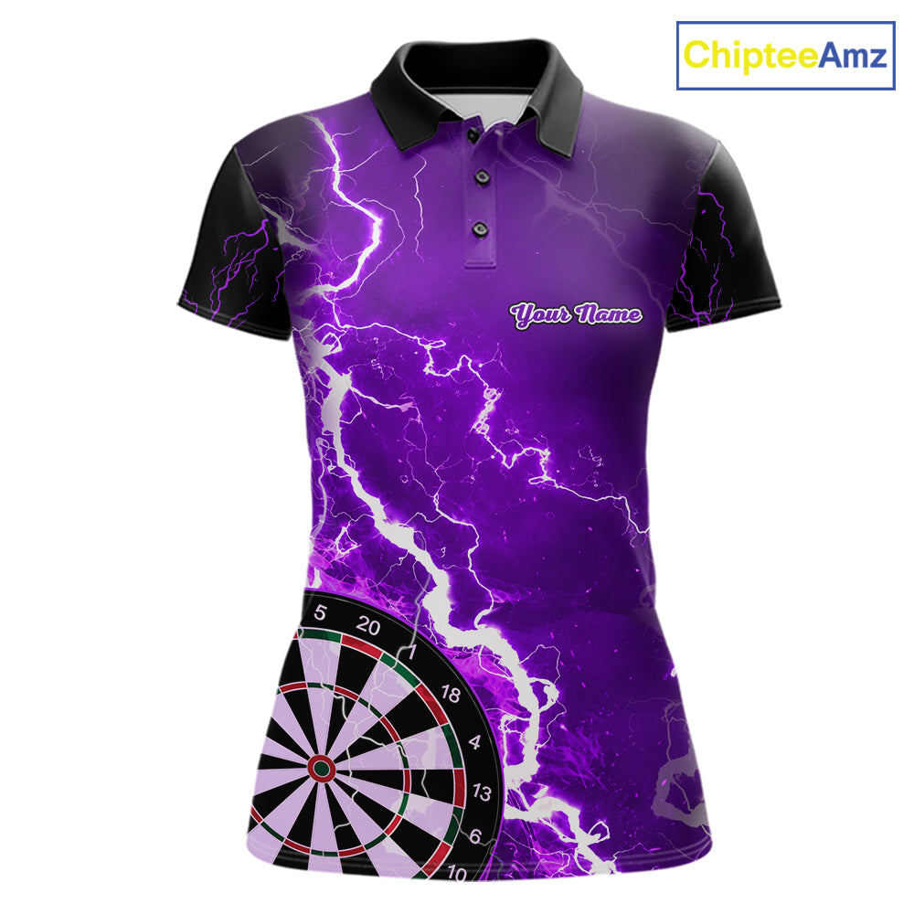 Custom purple lightning darts team jersey polo shirt for women, personalized dart shirt with bold lightning design for darts league players.