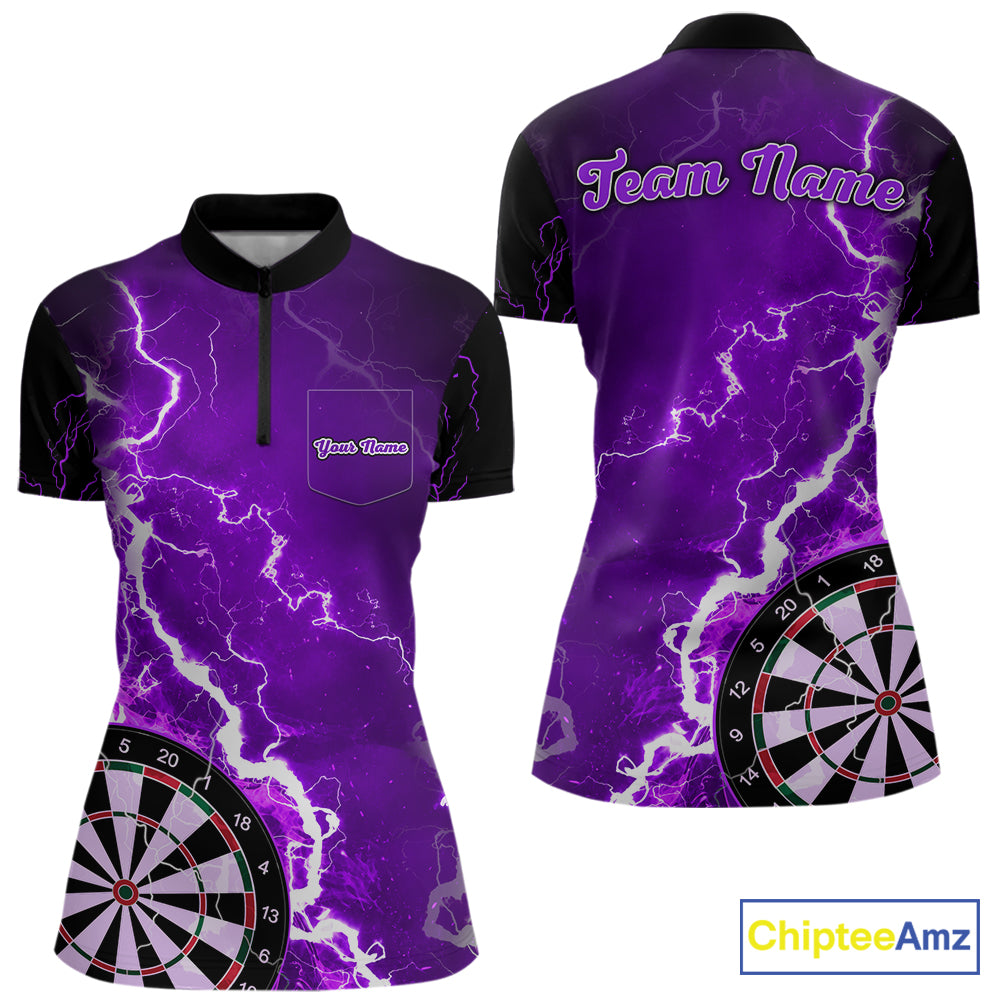 Custom purple lightning darts quarter zip shirt with left chest pocket for women, personalized darts team jersey.