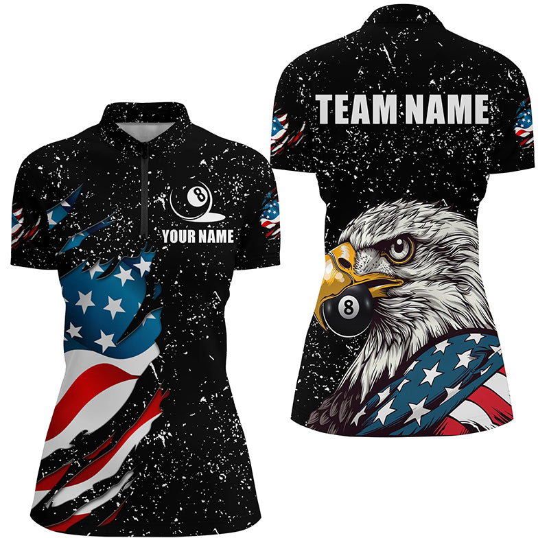 Black Grunge Eagle American Flag Custom Billiard Shirts For Women, Patriotic Billiard Team Shirts TDM2444