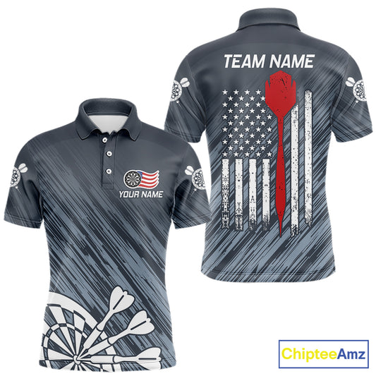 American Flag Grey Grunge Darts Shirt For Men Custom Patriotic Darts Jersey Team Polo & 1/4 Zip TDM5385