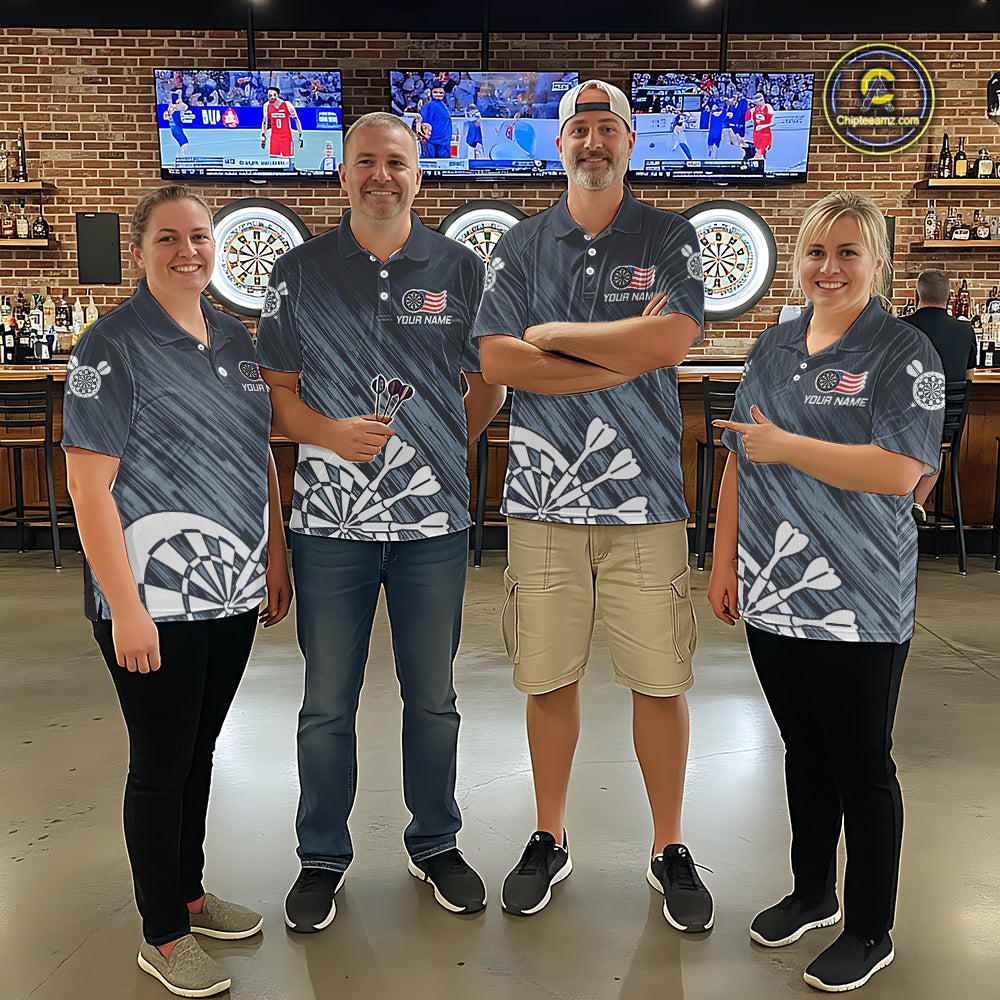 American Flag Grey Grunge Darts Shirt For Men Custom Patriotic Darts Jersey Team Polo & 1/4 Zip TDM5385
