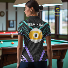 Load image into Gallery viewer, Woman wearing custom teal and purple tribal 9 ball pool billiard polo shirt back view.