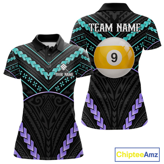 Custom teal and purple tribal 9 ball pool billiard team jersey polo shirt for women, personalized pool league apparel and tournament jersey.