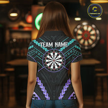 Load image into Gallery viewer, Woman wearing custom teal and purple tribal dartboard darts polo shirt back view.