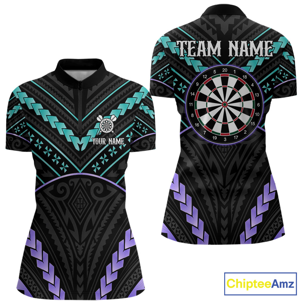 Custom teal and purple tribal dartboard darts quarter zip shirt for women, personalized darts team jersey.