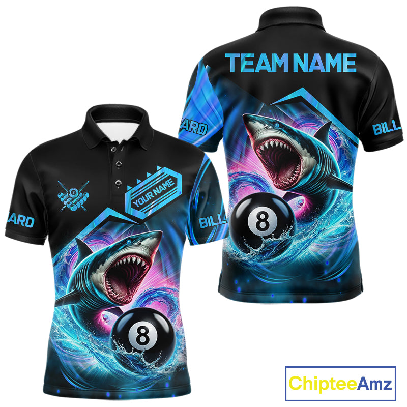Blue 8 ball pool billiard shark team jersey polo shirt for men featuring a fierce shark and 8 ball design, premium custom billiard league apparel.