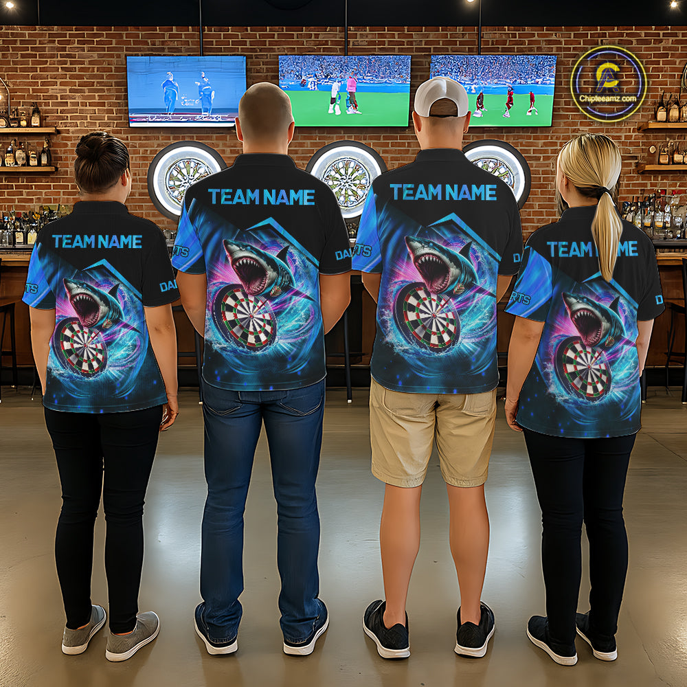 Darts team wearing matching personalized blue dartboard shark darts team jerseys, back view.