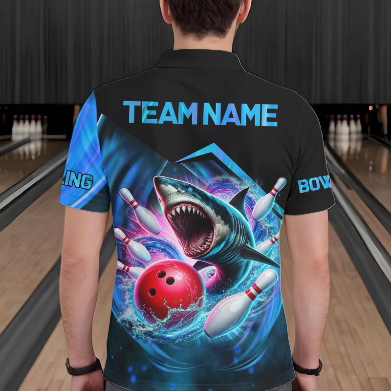 Man wearing personalized blue glowing shark bowling team jersey polo shirt featuring glowing shark artwork, back view.