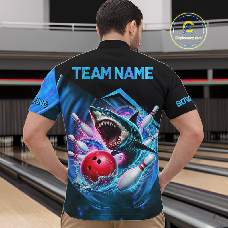 Man wearing personalized blue glowing shark bowling team jersey quarter zip shirt featuring glowing shark artwork, back view.