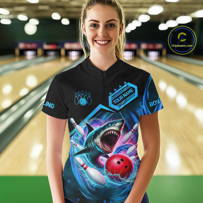 Woman wearing personalized blue glowing shark bowling team jersey quarter zip shirt featuring glowing shark artwork, front view.