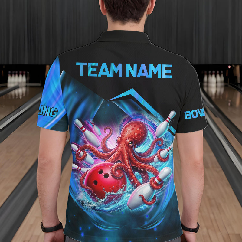 Man wearing personalized blue glowing octopus bowling team jersey polo shirt featuring glowing octopus artwork, back view.