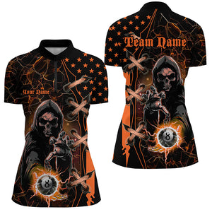 Orange Death Skeleton Lightning US Flag Billiard Shirts For Women, Scary Halloween Billiard Jerseys TDM2676