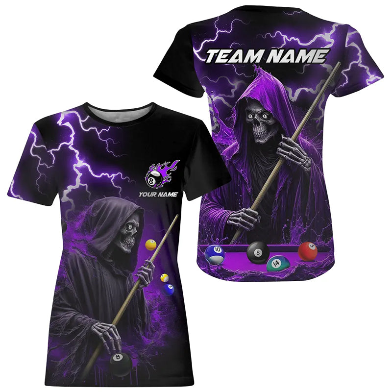 Purple Grim Reaper Billiard T Shirt For Women Custom Thunder Lightning 8 Ball Pool Team Jersey TDM2919