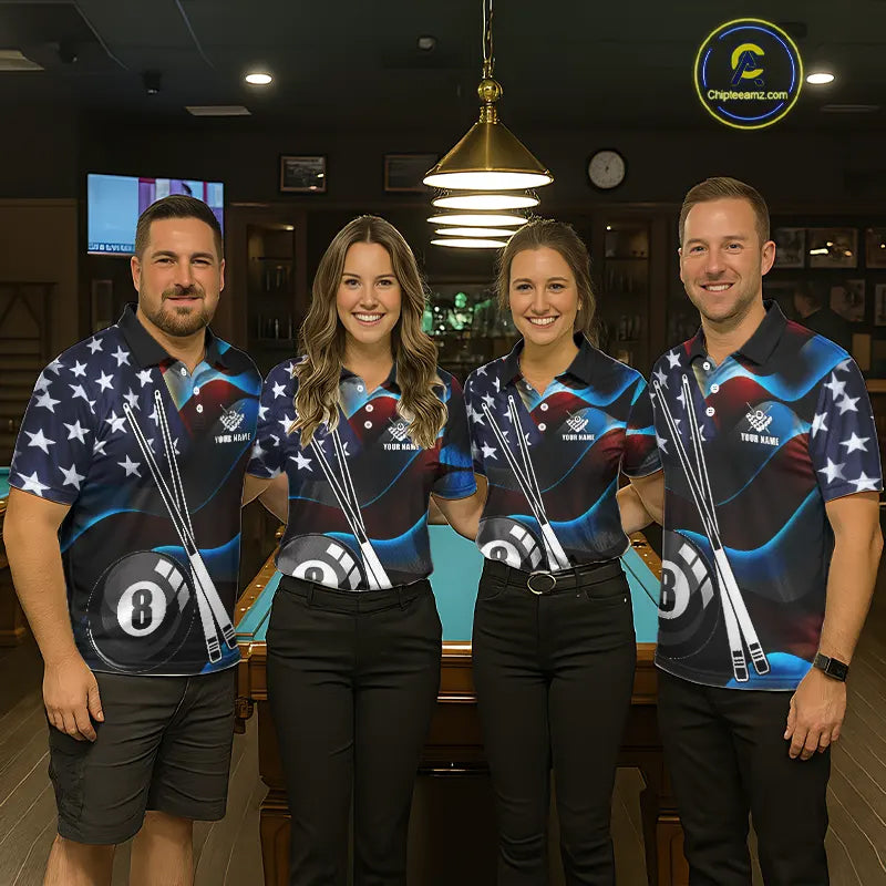 Glowing American Flag 8 Ball Pool Billiard Shirt For Men Custom Patriotic Billiard Team Jersey TDM5658