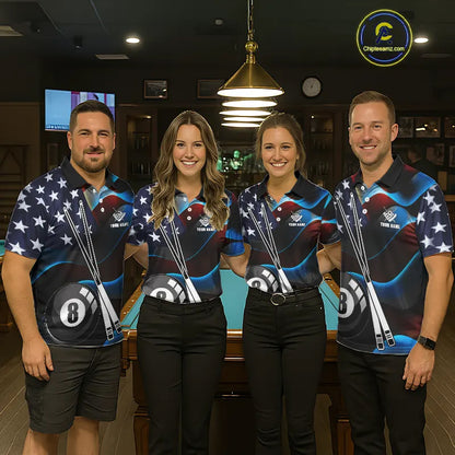 Glowing American Flag 8 Ball Pool Billiard Shirt For Men Custom Patriotic Billiard Team Jersey TDM5658