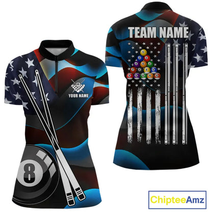 Glowing American Flag 8 Ball Pool Billiard Shirt For Women Custom Patriotic Billiard Team Jersey TDM5658