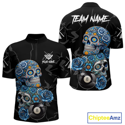 Personalized Blue 8 Ball Sugar Skull Billiard Shirt For Men, Pool Team Jersey Polo & 1/4 Zip TDM6261