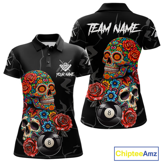 Custom Colorful Sugar Skull Billiard Shirt For Women, 8 Ball Pool Team Jersey Polo & 1/4 Zip TDM6262