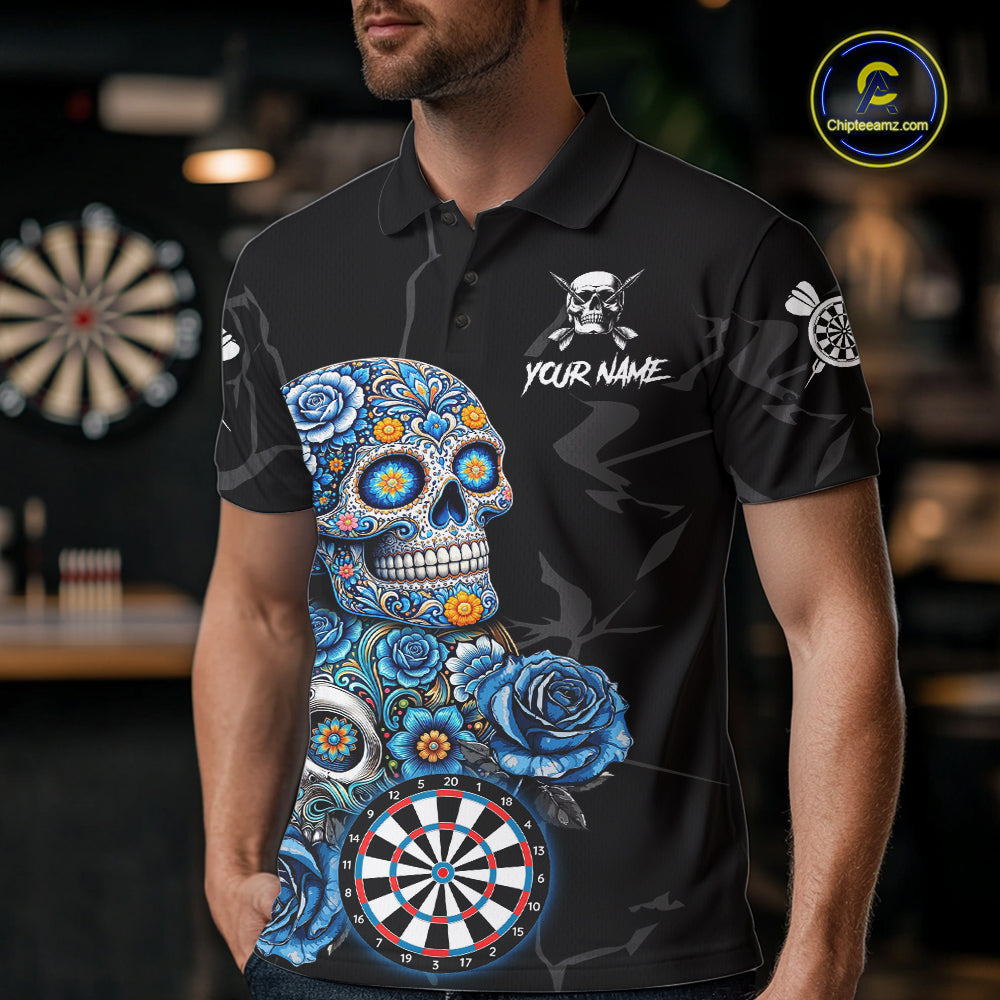 Personalized Blue Sugar Skull Darts Shirt For Men Custom Darts Jersey Team Polo & Quarter Zip TDM6263