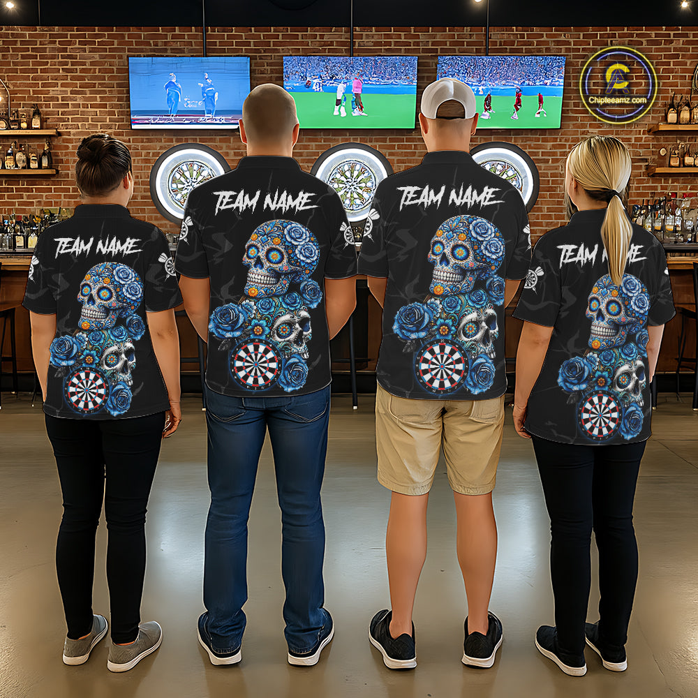 Personalized Blue Sugar Skull Darts Shirt For Men Custom Darts Jersey Team Polo & Quarter Zip TDM6263