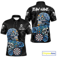 Load image into Gallery viewer, Personalized Blue Sugar Skull Darts Shirt For Men Custom Darts Jersey Team Polo &amp; Quarter Zip TDM6263