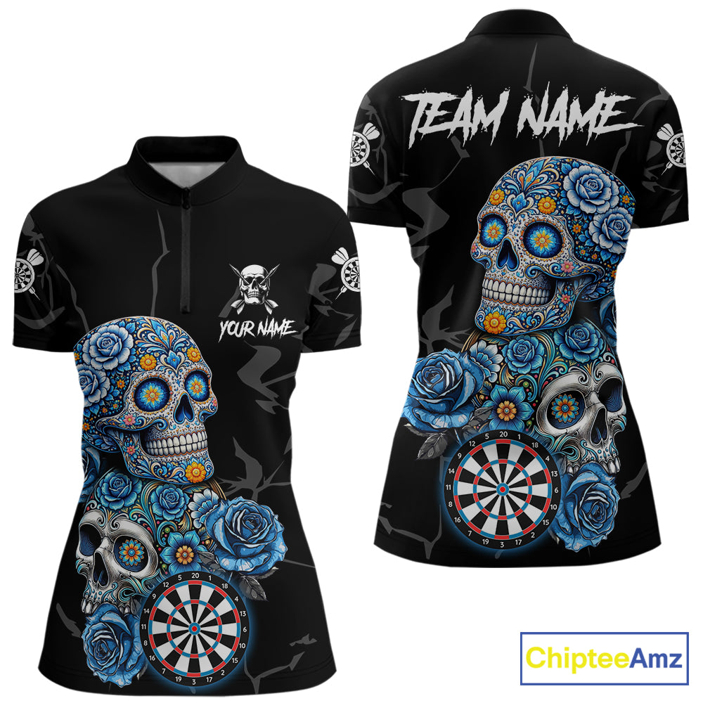 Personalized Blue Sugar Skull Darts Shirt For Women Custom Darts Jersey Team Polo & Quarter Zip TDM6263